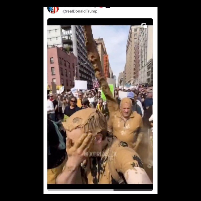 Screenshot from AI-generated video of feces splattering on anti-Trump protesters posted on X by Donald Trump.