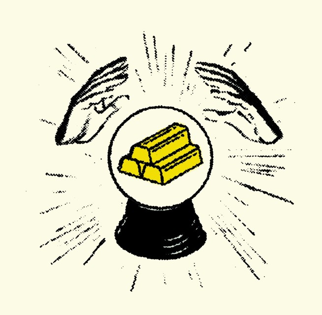 illustration of 3 gold bars appearing in crystal ball with hands hovering over it