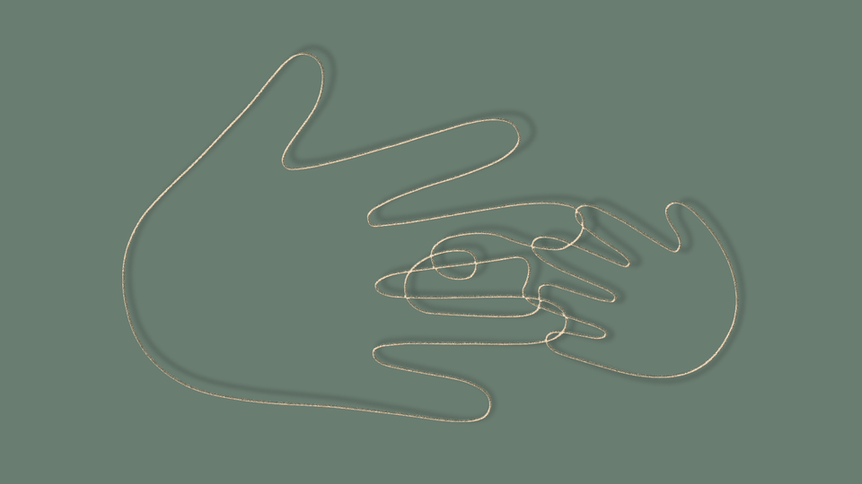 An outline of a hand drawn in gold, reaching toward a smaller hand with a tangle of lines between them, against a sage-green background