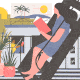 A GIF of a cartoon woman reading in the breeze on a fire escape.