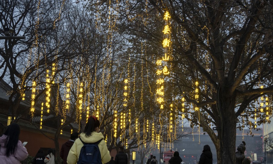 Illuminated decorations featuring Chinese writing hang from trees.