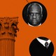 Illustration showing circular black-and-white pictures of Supreme Court justices and a column over an orange background
