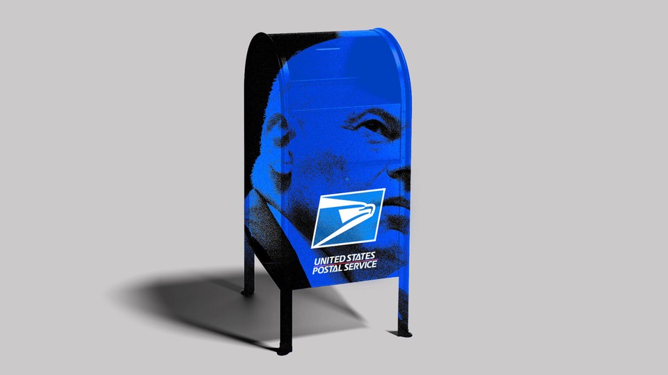 Art of a photo of Louis DeJoy superimposed on a USPS mailbox.