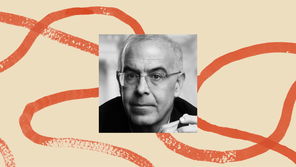 A black-and-white photo of David Brooks, surrounded by an illustrated border