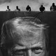 Black and white photograph of workers hanging an enormous banner of Trump's face on the facade of the Department of Labor building
