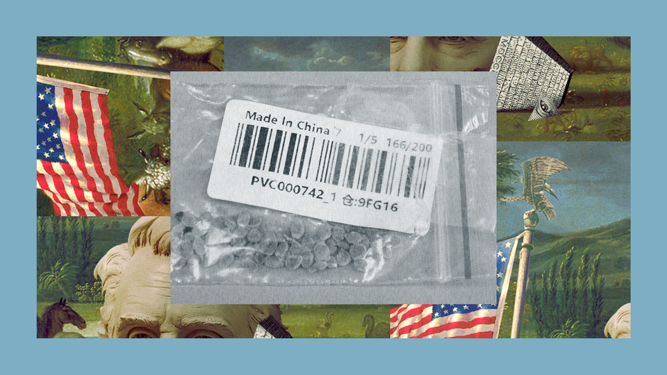 A clear package of mystery seeds with a “Made in China” label. The image is set into a frame featuring The Experiment’s show art.