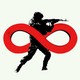 A soldier fires a gun and is covered in the infinity symbol