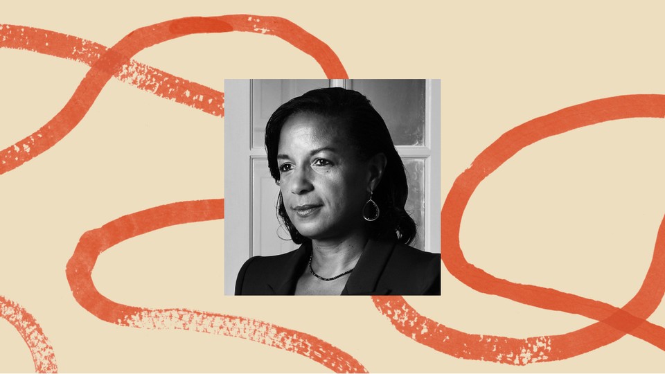A black-and-white profile photo of former Ambassador Susan Rice surrounded by an illustrated border