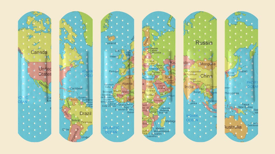 An illustration of a world map as Band-Aids