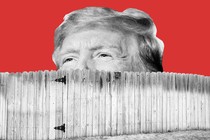 Collage of Donald Trump’s head peering over a wooden fence as a family hides in an underground bunker