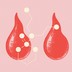 two drops of red blood are connected by a chemical symbol, against a light pink backdrop