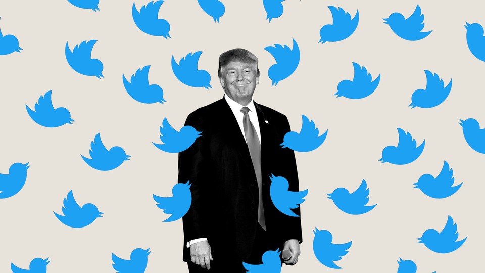 An illustration of Trump surrounded by the Twitter logo