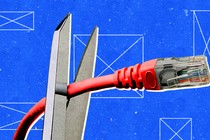 Illustration of a pair of scissors trying to cut through a red ethernet cable