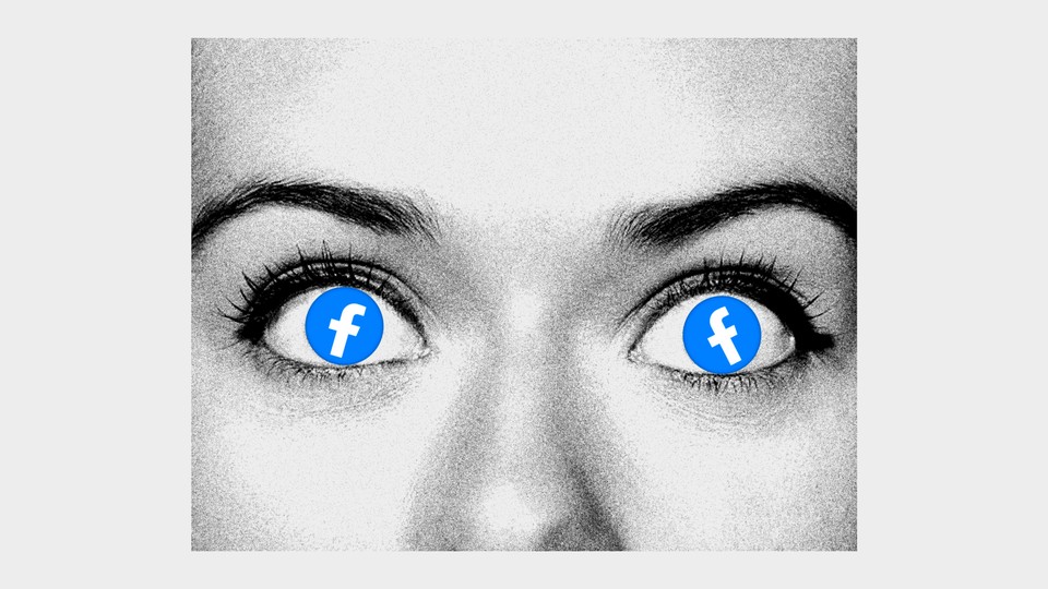Close-up of a woman's face, her eyes replaced by Facebook logos