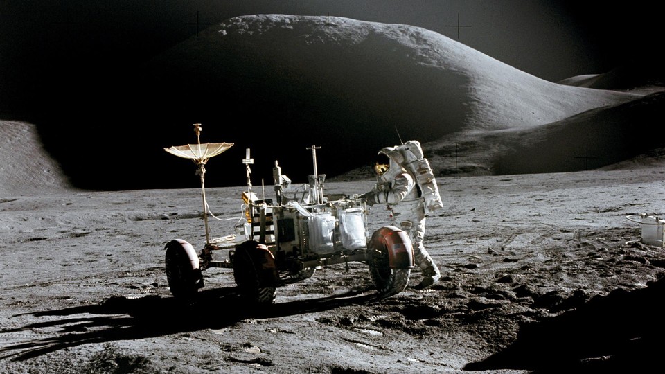 An Apollo astronaut on a moonwalk in 1971