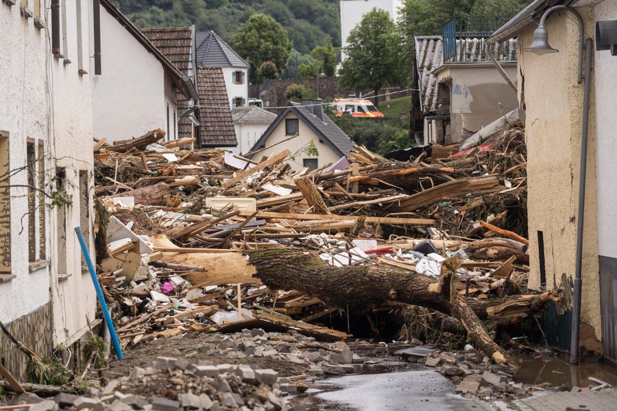 A view of a German town with streets filled with flood debris.
