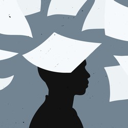 Illustration of white pieces of paper flying through the air around a person's head