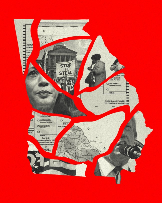 A collage featuring Donald Trump, Kamala Harris, and a map of Georgia