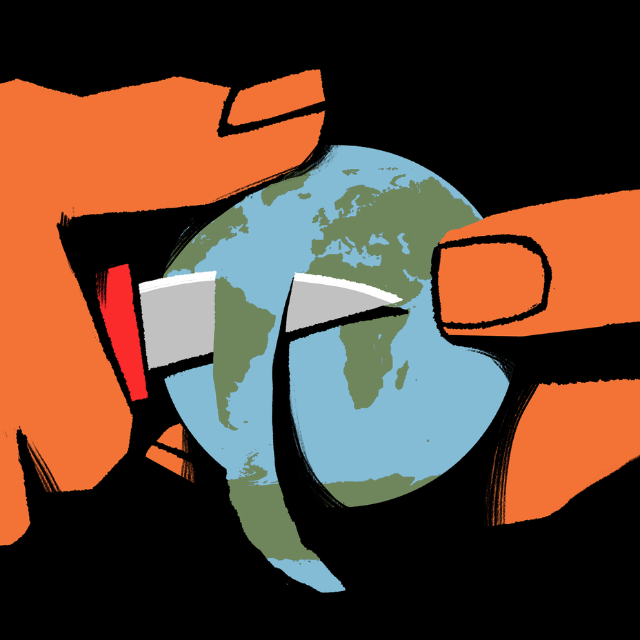 illustration of close-up of large hands holding a knife and paring off a slice of the globe as if it were an apple