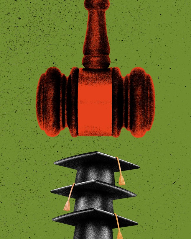 An illustration showing a looming gavel on top of stacked graduation caps