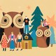 An illustration of a group of friends in the woods with giant owls.