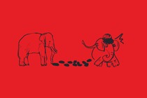 Illustration of two elephants, one standing quietly and one stampeding, separated by footprints on a field of red.