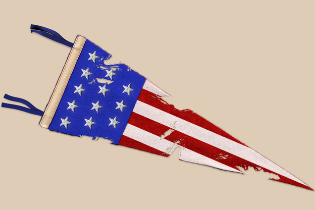 A realistic illustration of a torn and frayed college pennant embroidered with an American-flag design.