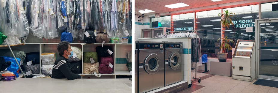 diptych: a man sitting in front of dry cleaning; an empty laundry mat