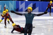 Australian speed skater Steven Bradbury does a Bradbury at the 2002 Winter Olympics.
