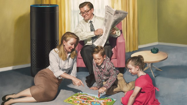 painting of a family playing a board game with a smart device in the background