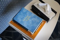 A book titled "Living Sober," spiral notebooks, and a tissue box on a table