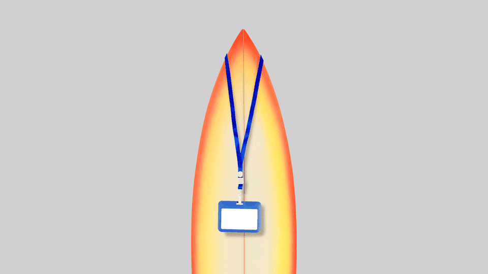 An illustration of a surfboard with a name tag on it.