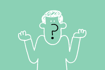 Illustration of sketched person shrugging with question mark for mouth and nose on green background