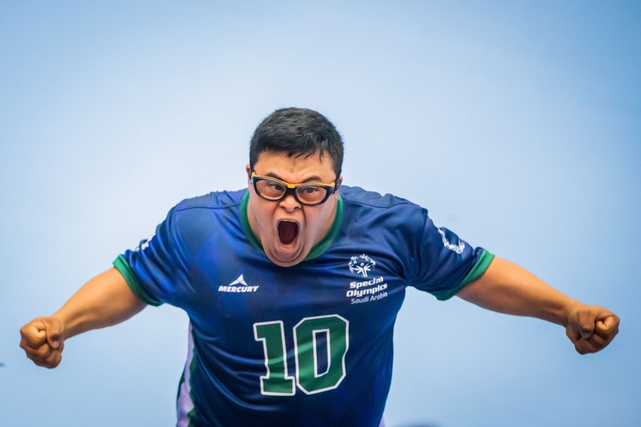 An athlete celebrates after scoring a goal.