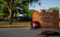 A memorial at Robb Elementary School in Uvalde, Texas, in April 2023