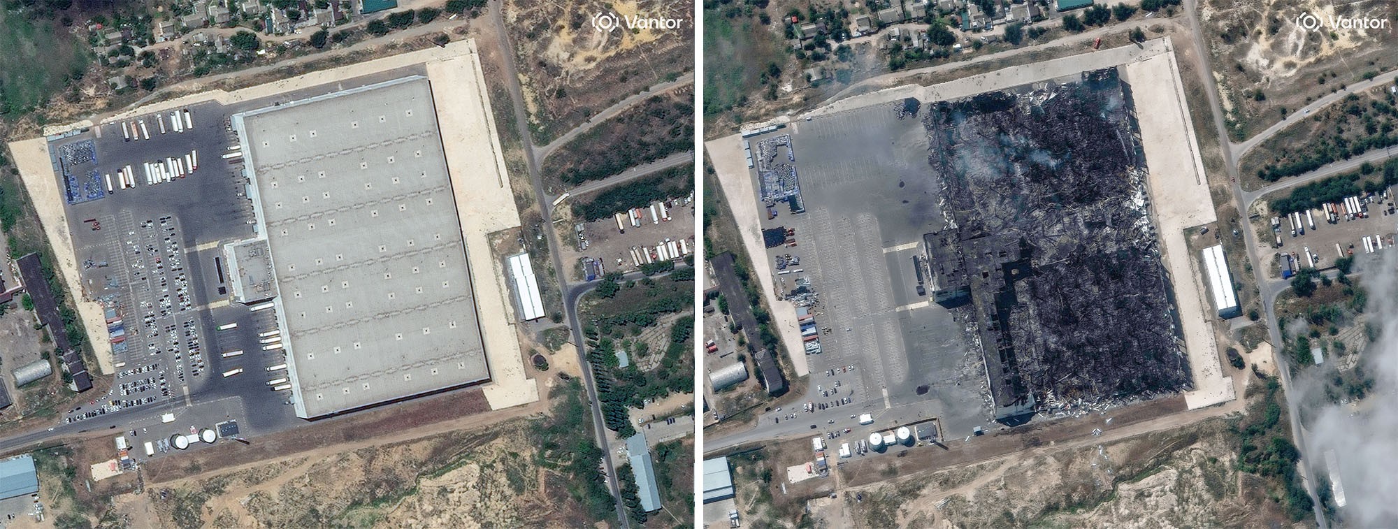 A pair of satellite images showing a warehouse before and after it burned down