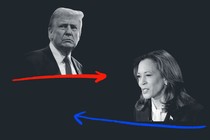 An illustration featuring images of Donald Trump and Kamala Harris