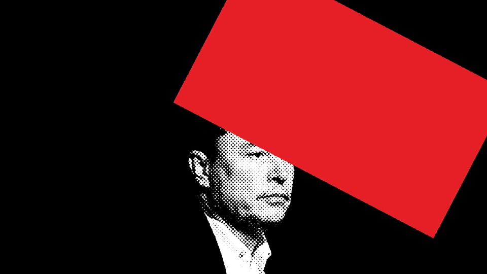A black-and-white photo portrait of Elon Musk half covered by a slanted red rectangle