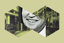 An illustration showing Joe Biden smiling against an industrial backdrop