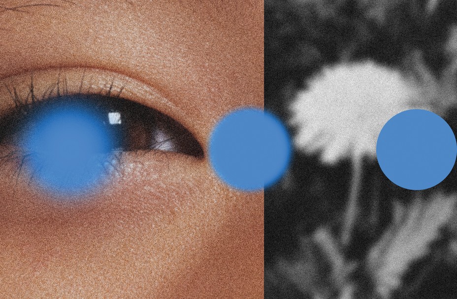 collage illustration with close-up of brown eye and eyelashes, blurry black-and-white image of flower, and 3 blue dots at different levels of blur/focus
