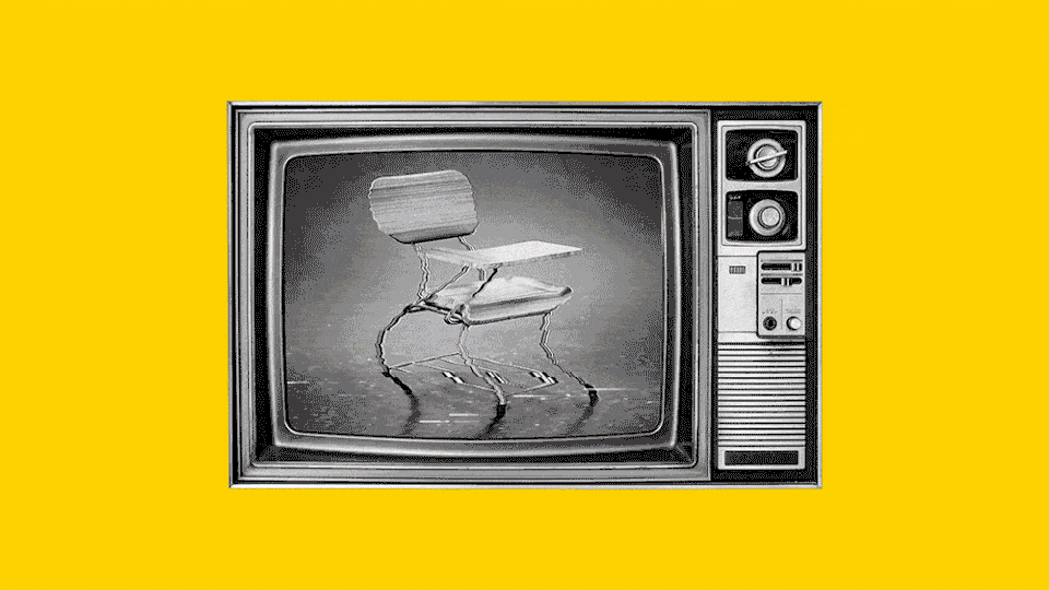 school desk on a distorted tv screen in front of yellow background