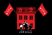 Photo-illustration of a family standing outside a red house with two flags reading “1/6”