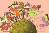 A line of four kids biking, with the bicycles of the last two fading away
