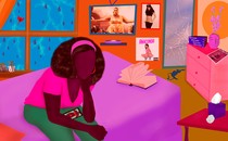 an illustration of a Black woman sitting on a bed with posters of Cardi B and Lizzo behind her