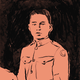 Illustration with black sketch of a man in a military uniform, on a dark-orange background.