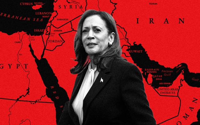 A photo of Kamala Harris is set against a map of the Middle East.