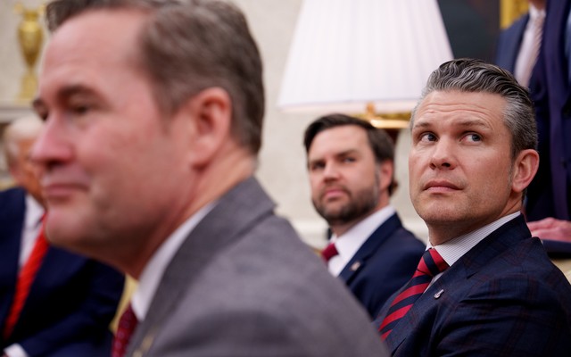 A photo of Mike Waltz, JD Vance, and Pete Hegseth in the Oval Office