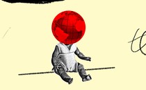 A black-and-white image of a baby with a red globe as his head