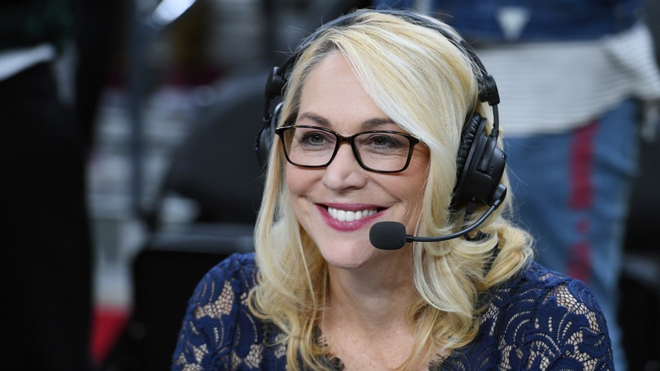 Doris Burke broadcasts after a preseason game between the Sacramento Kings and the Los Angeles Lakers