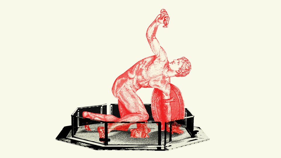 A drawing of a Roman gladiator fighter with a shield kneeling down in a too-small octagon